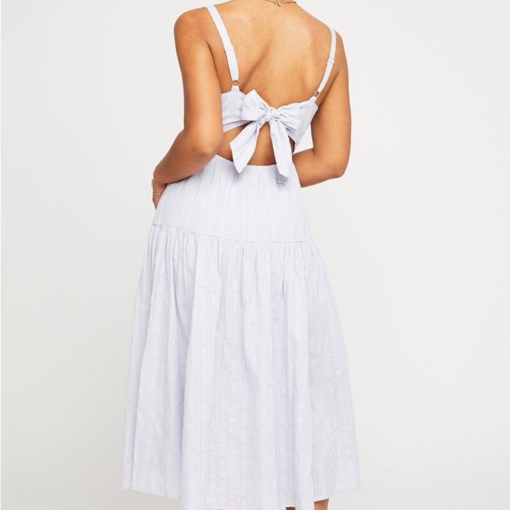 Gentle Fawn Light Blue Striped Midi Dress with Back Tie